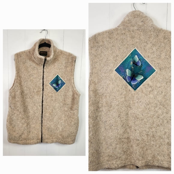 Vintage 90s Beige Fleece Zip Vest Full Zip Butterfly Cottagecore Womens Large - Picture 9 of 9